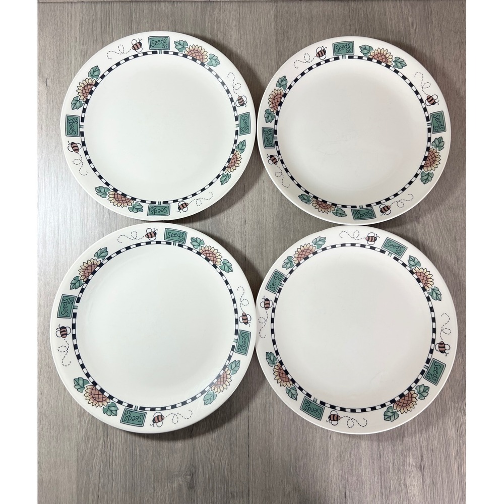 Corelle Sunflower Garden Dinner Plates Set of 4 Bees Seeds 5c Vitrelle USA
